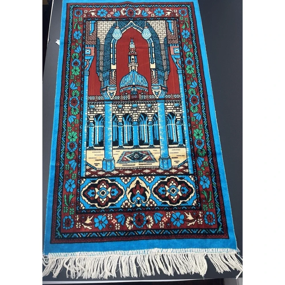 Vintage Muslim Prayer Rug Mat Islamic Blue Made in Saudi Arabia 24.5